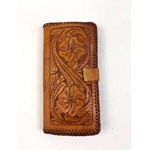 Vtg Hand Tooled Leather Roper Wallet Clutch Checkbook Floral Carved Western Boho